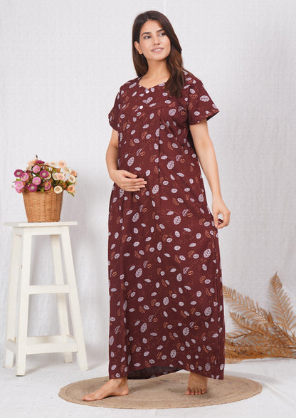 Brown Printed Cotton Feeding nighty for Women | Free size
