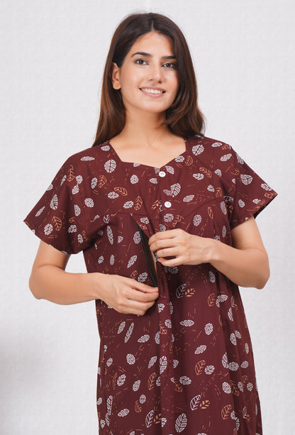 Brown Printed Cotton Feeding nighty for Women | Free size