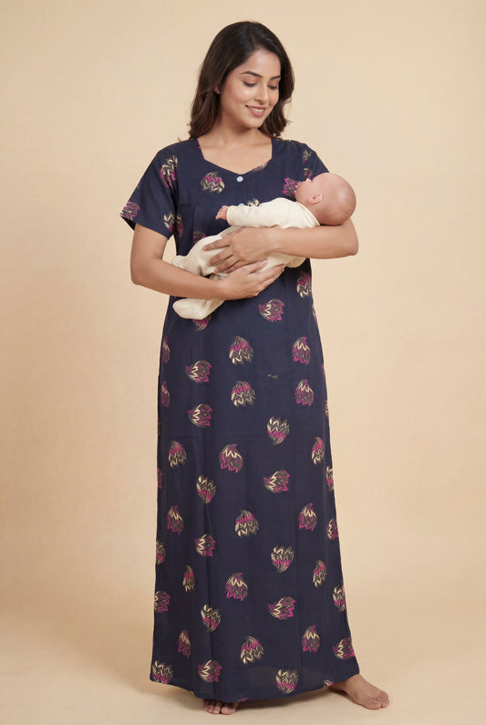 Discharge Printed Cotton Feeding nighty for women | Free size