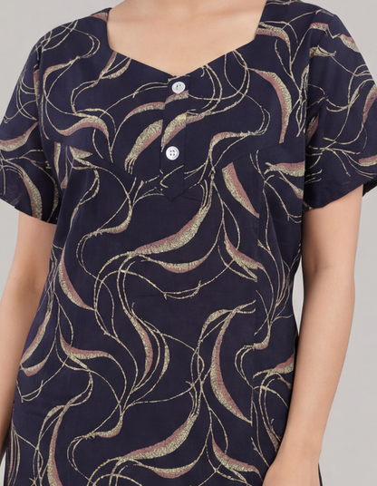 Navy Printed Cotton Feeding nighty for women | Free size