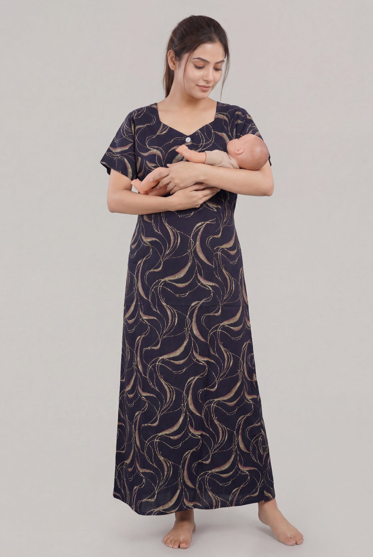 Navy Printed Cotton Feeding nighty for women | Free size