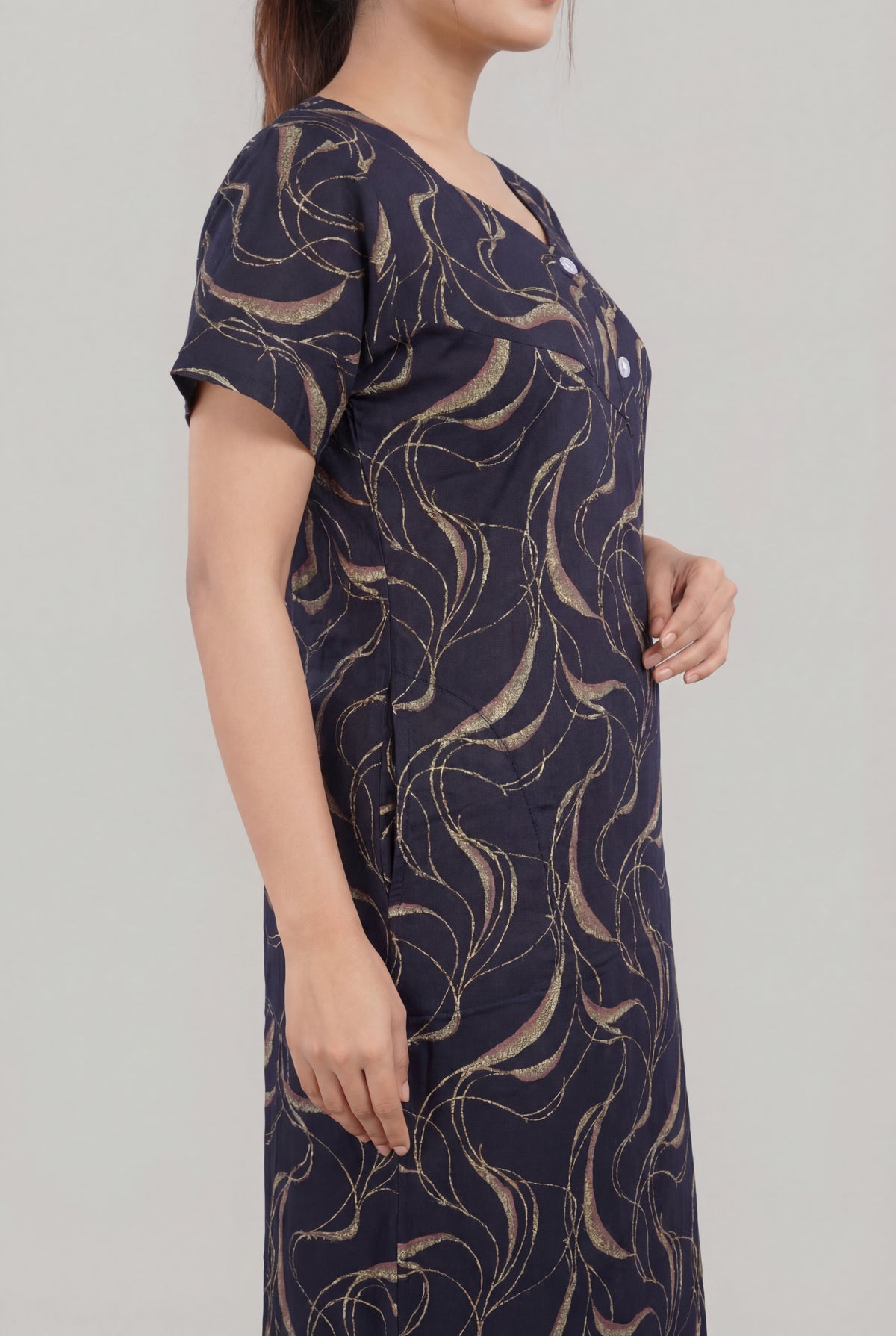 Navy Printed Cotton Feeding nighty for women | Free size