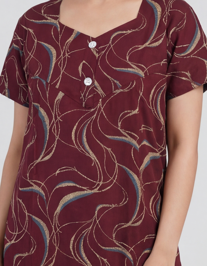 Maroon Printed Cotton Feeding nighty for women | Free size
