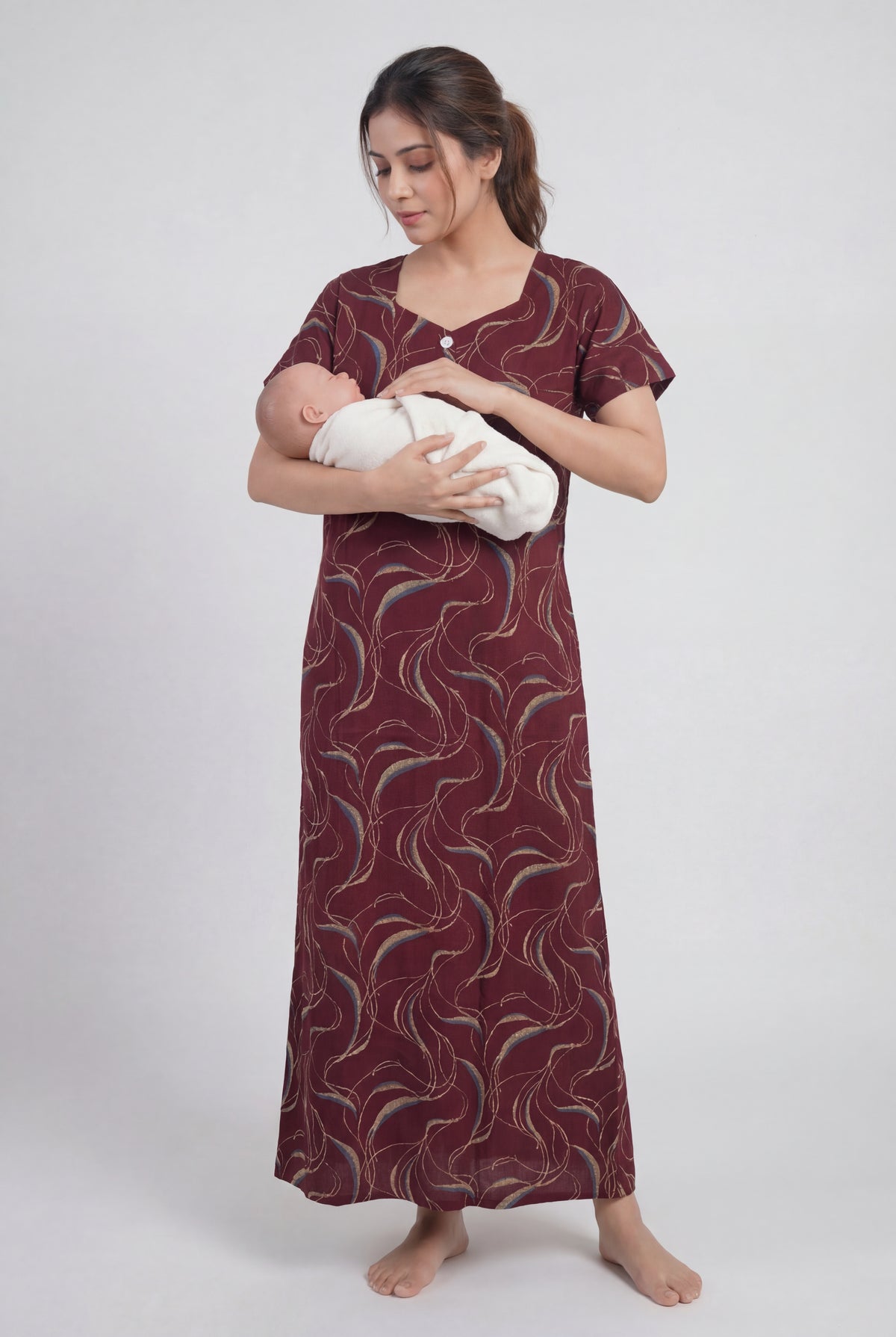 Maroon Printed Cotton Feeding nighty for women | Free size