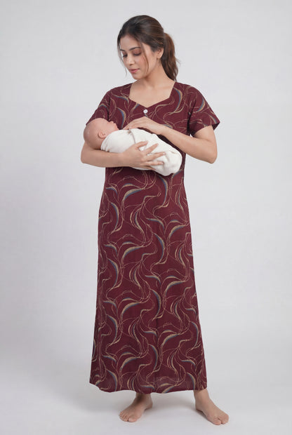 Maroon Printed Cotton Feeding nighty for women | Free size
