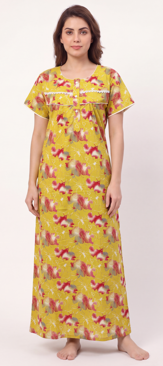 Mustard Colour Cotton Printed Women nighty | Free Size