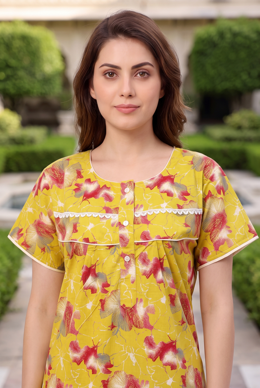 Mustard Colour Cotton Printed Women nighty | Free Size