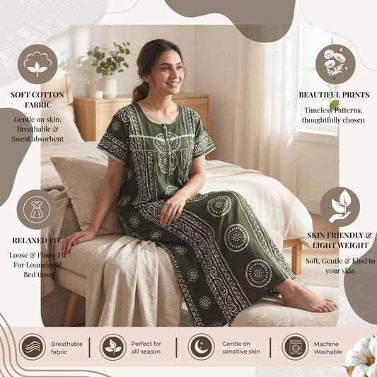 Green Printed Cotton Nighty with Lace Design for Women – Free Size