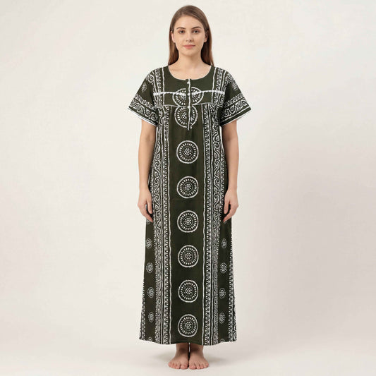 Green Printed Cotton Nighty with Lace Design for Women – Free Size