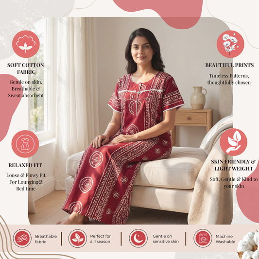 Red Cotton Printed Lace Women's Nighty | Free Size