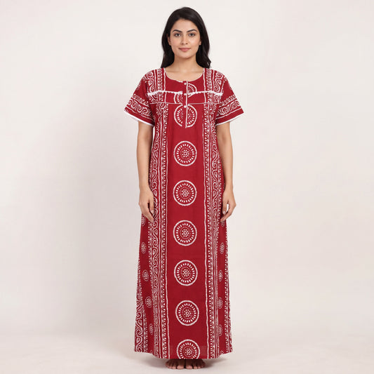 Red Cotton Printed Lace Women's Nighty | Free Size