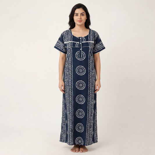 Navy Cotton Printed Lace Women's Nighty | Free Size