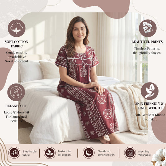 Brown Cotton Printed Lace Women's Nighty | Free Size