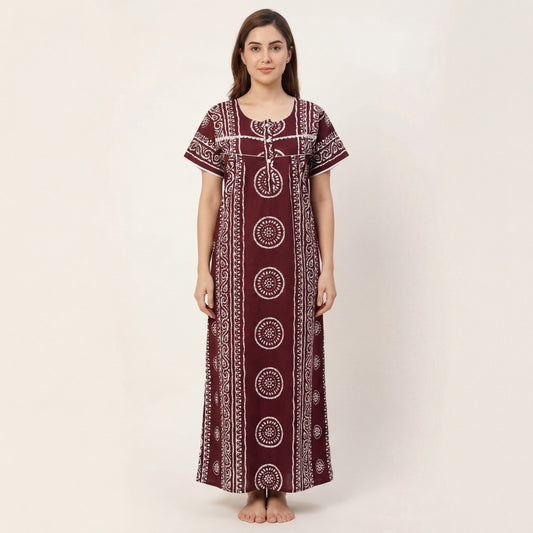 Brown Cotton Printed Lace Women's Nighty | Free Size