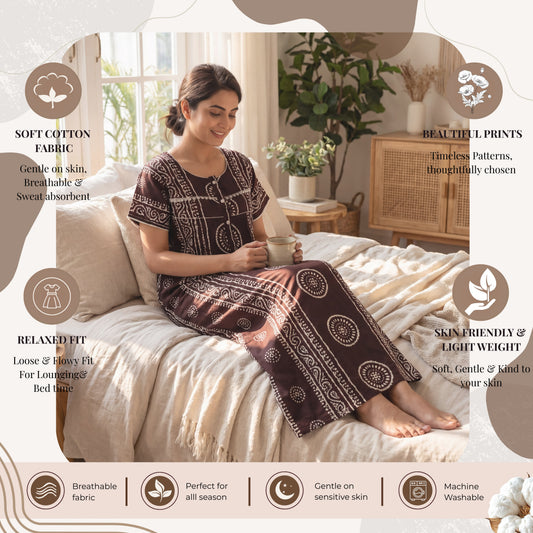 Coffee Cotton Printed Lace Women's Nighty | Free Size