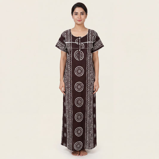 Coffee Cotton Printed Lace Women's Nighty | Free Size
