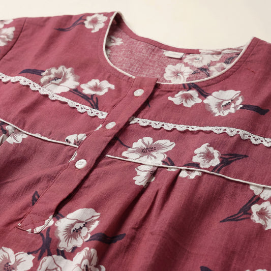 Pink Floral Printed Cotton Nighty with Lace Design for Women – Free Size