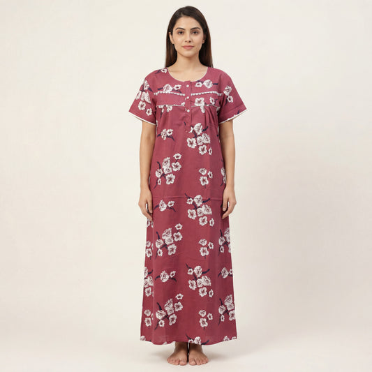 Pink Floral Printed Cotton Nighty with Lace Design for Women – Free Size