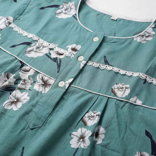 Teal Floral Printed Cotton Nighty with Lace Design for Women – Free Size