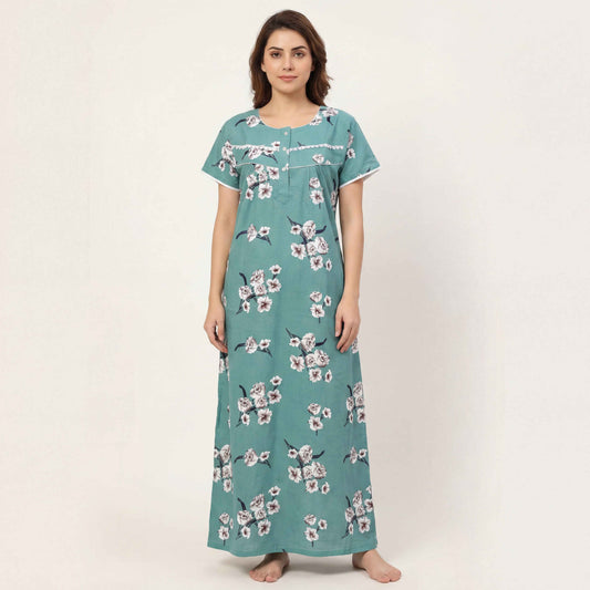 Teal Floral Printed Cotton Nighty with Lace Design for Women – Free Size