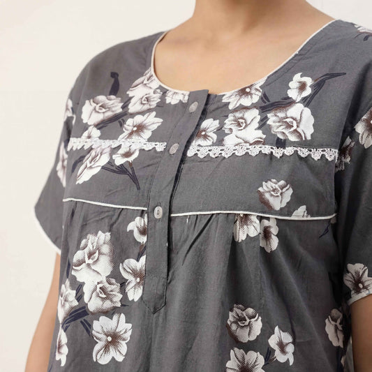 Grey Floral Printed Cotton Nighty with Lace Design for Women – Free Size