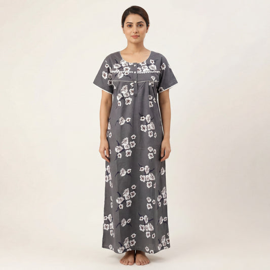 Grey Floral Printed Cotton Nighty with Lace Design for Women – Free Size