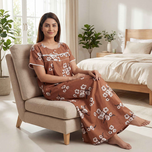 Floral Printed Cotton Nighty with Lace Design for Women – Free Size
