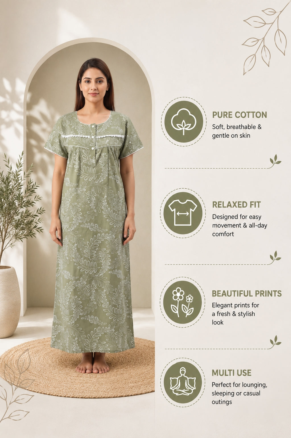 Stylish Floral Printed Cotton nightdress | Free size