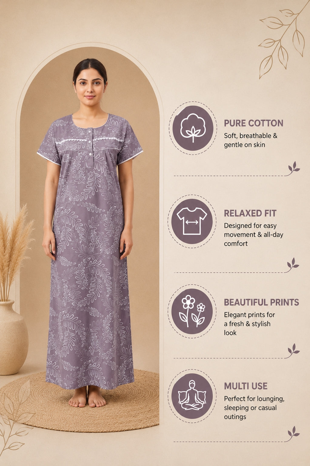 Elegant print Cotton nighty for Women | Free size