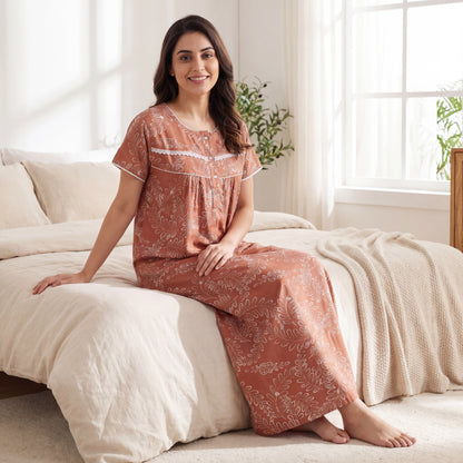 Elegant Floral Printed Cotton nightdress | Free size