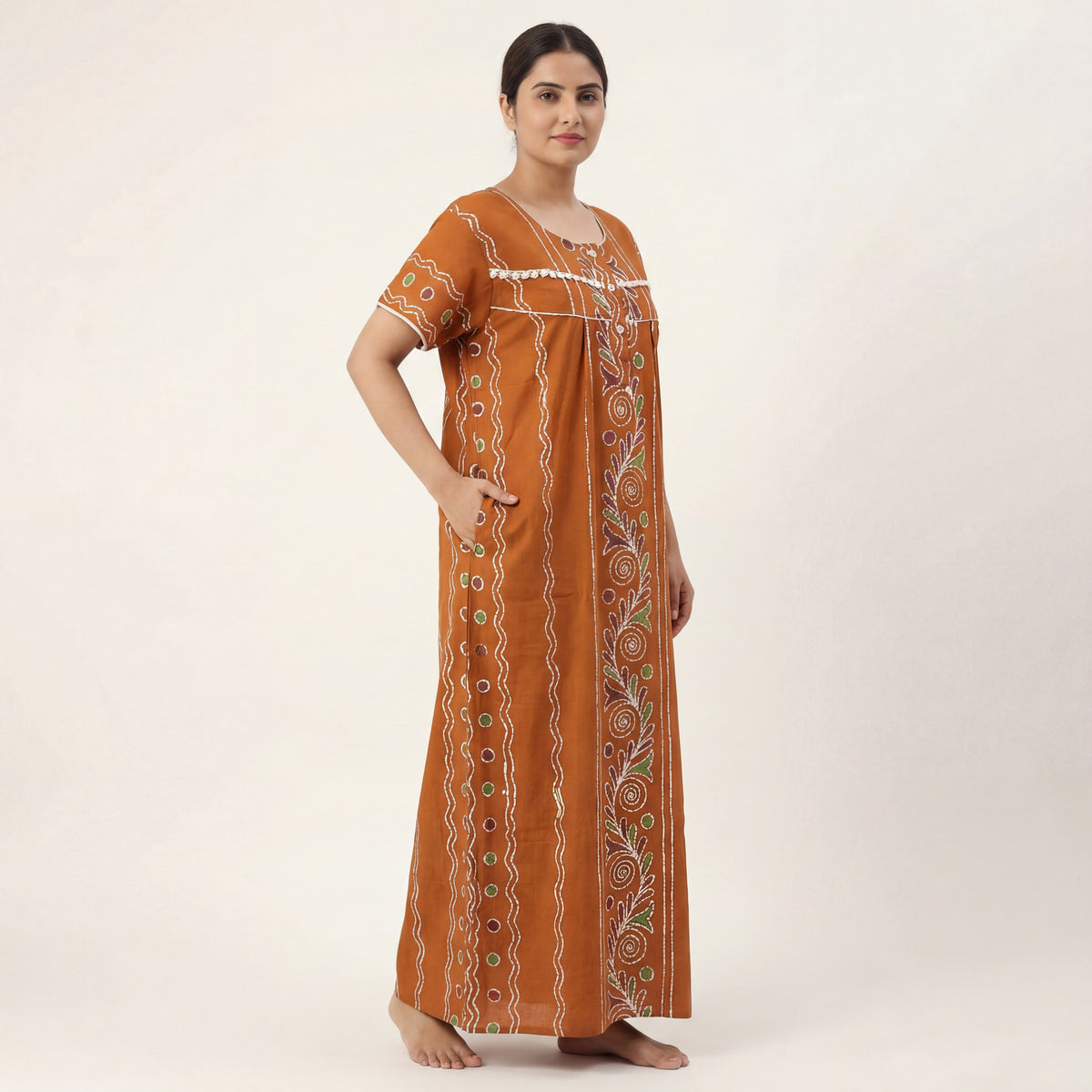 Mustard Batik Printed Cotton Nighty | Free size