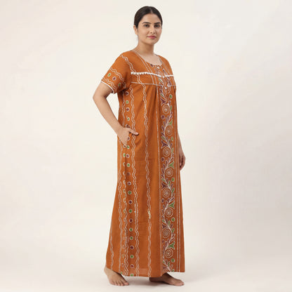 Mustard Batik Printed Cotton Nighty | Free size