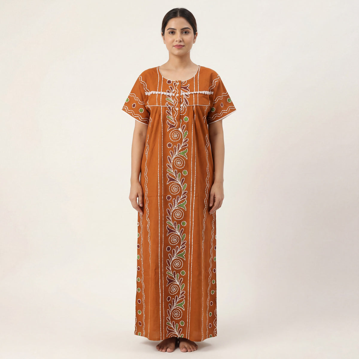 Mustard Batik Printed Cotton Nighty | Free size