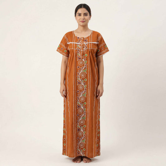 Mustard Batik Printed Cotton Nighty | Free size
