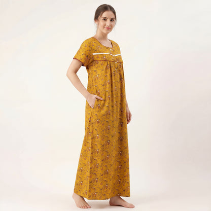 Mustard floral Printed Cotton nightgown | Free size