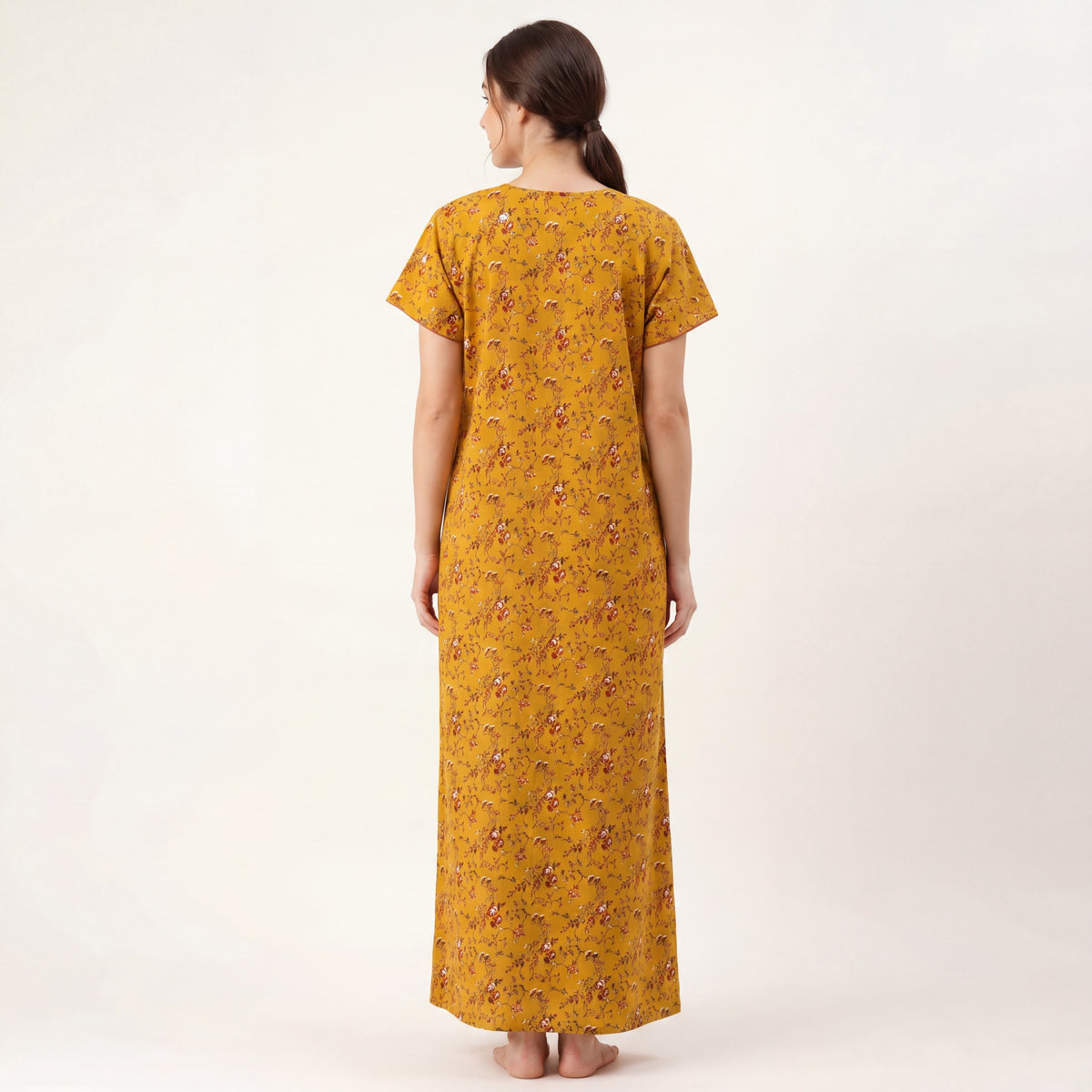 Mustard floral Printed Cotton nightgown | Free size