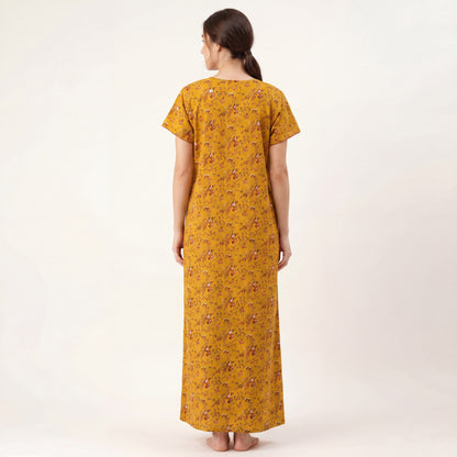 Mustard floral Printed Cotton nightgown | Free size