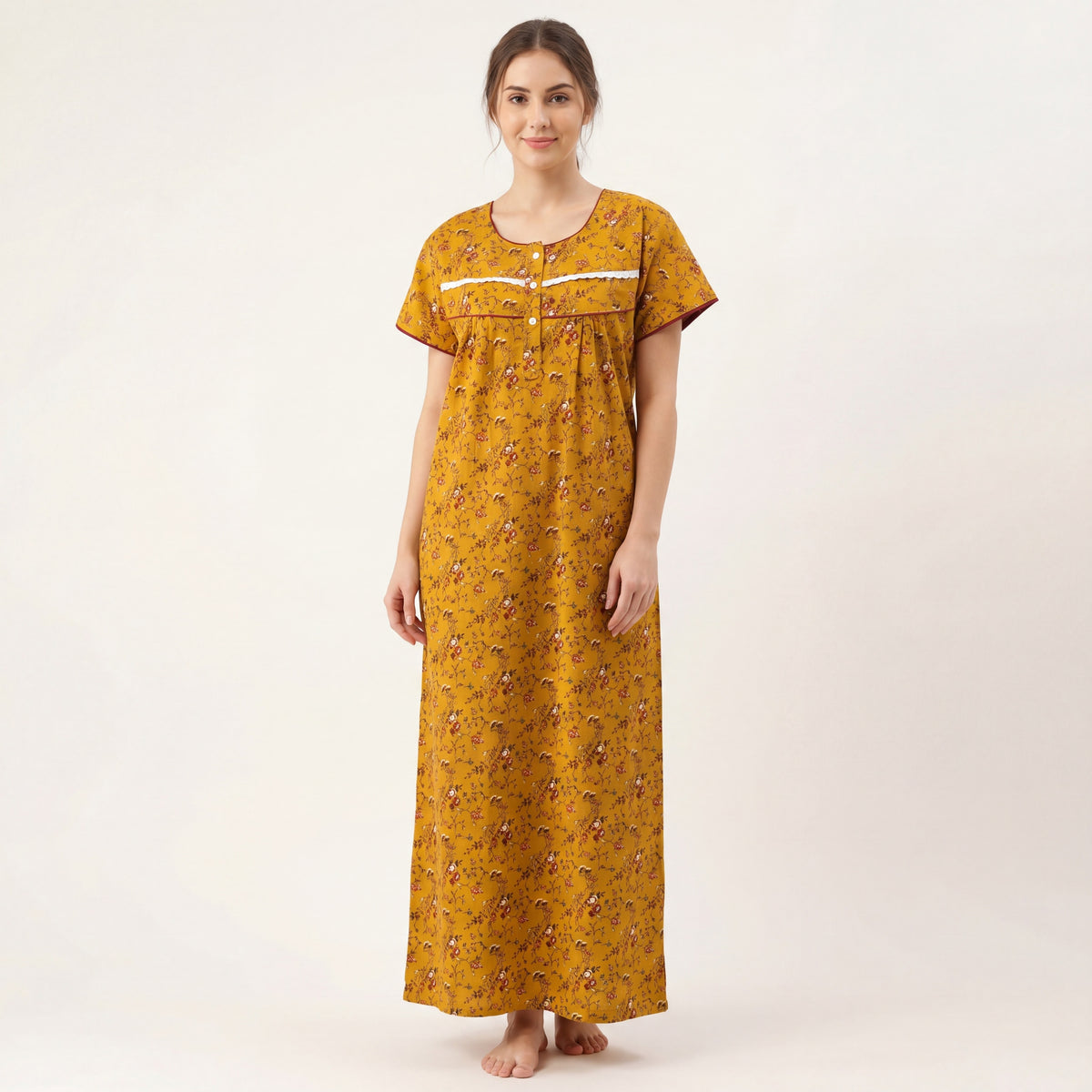 Mustard floral Printed Cotton nightgown | Free size