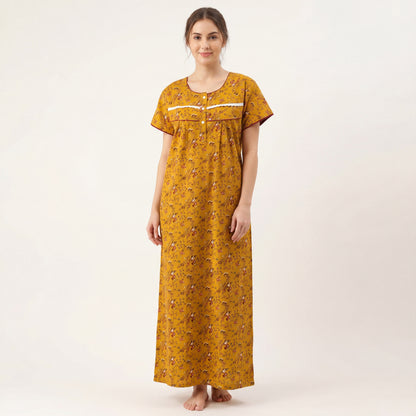 Mustard floral Printed Cotton nightgown | Free size