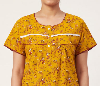 Mustard floral Printed Cotton nightgown | Free size