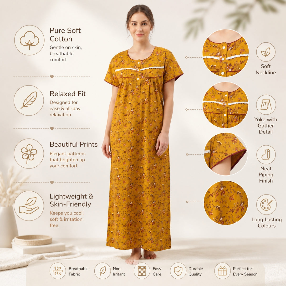 Mustard floral Printed Cotton nightgown | Free size