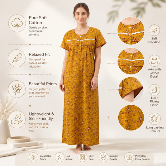 Mustard floral Printed Cotton nightgown | Free size