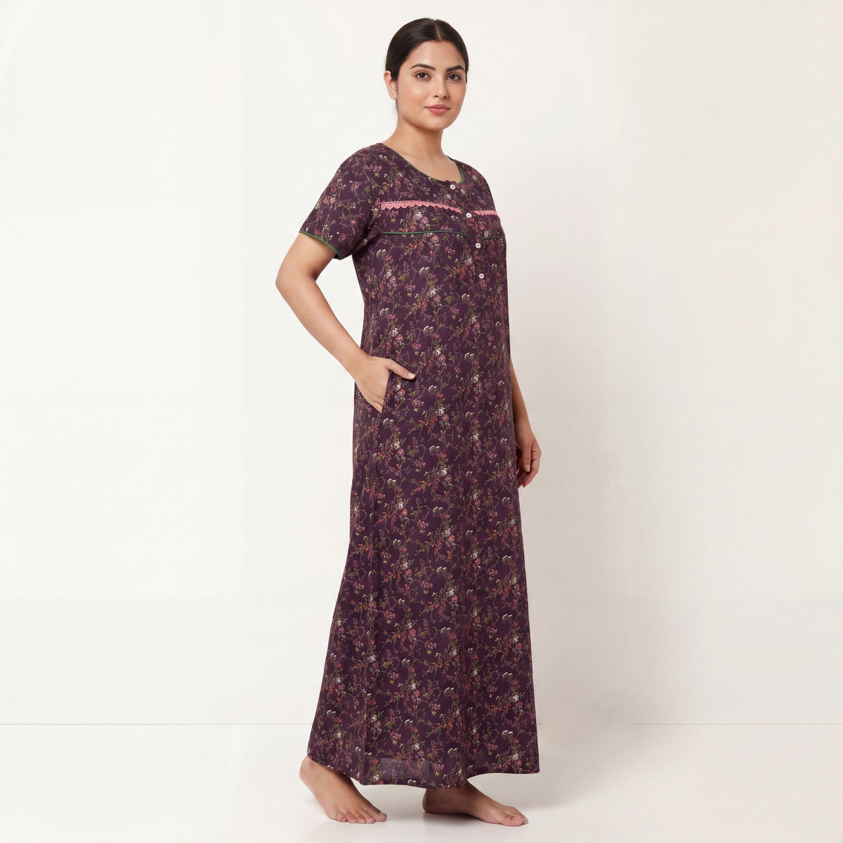 Stylish lace patterned cotton printed nighty | Free size