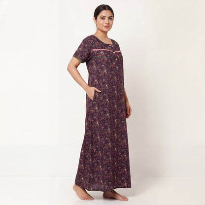 Stylish lace patterned cotton printed nighty | Free size