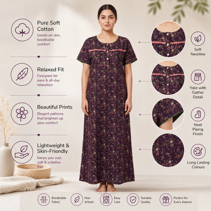 Stylish lace patterned cotton printed nighty | Free size