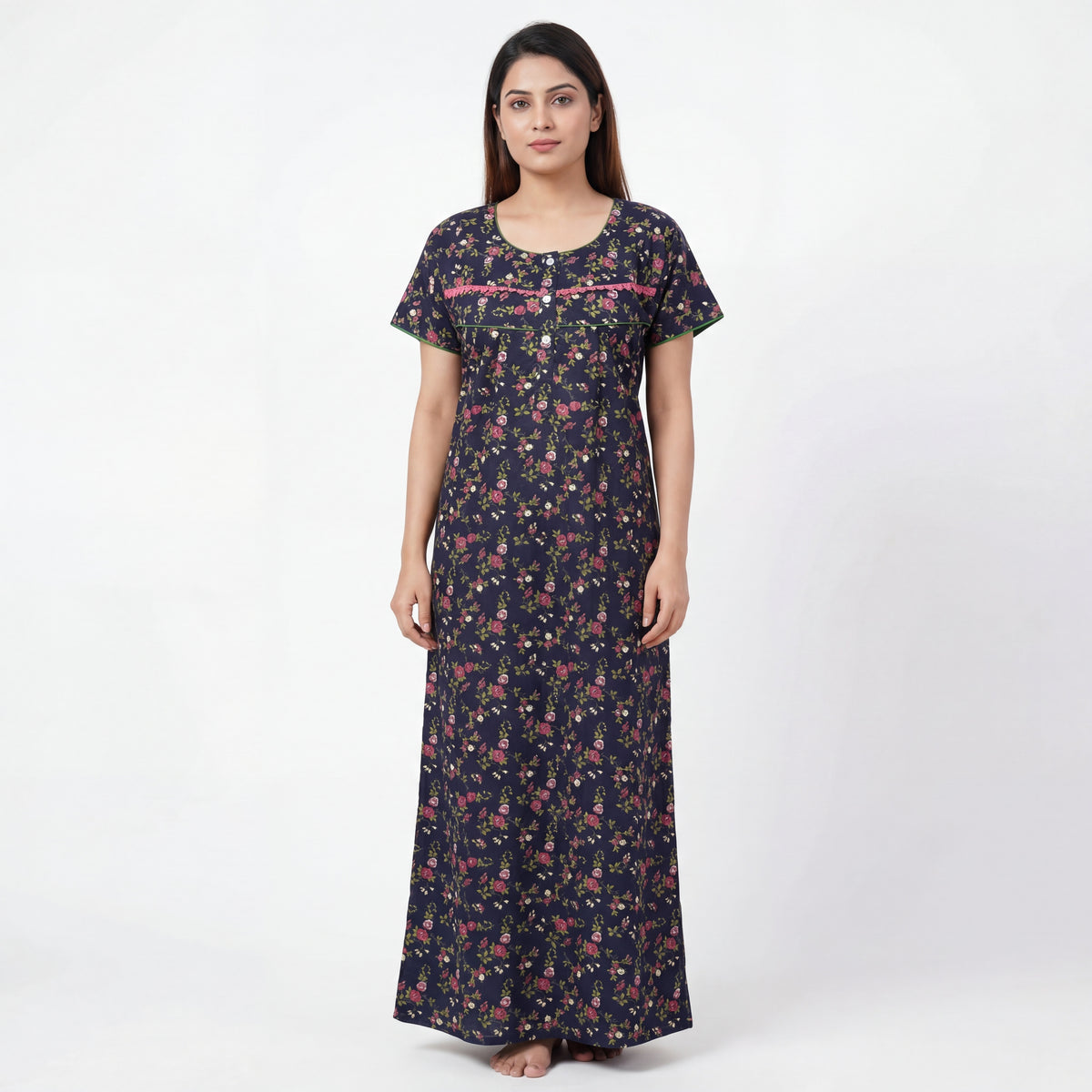 Navy Blue floral Printed Cotton nightgown | Free size