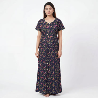 Navy Blue floral Printed Cotton nightgown | Free size